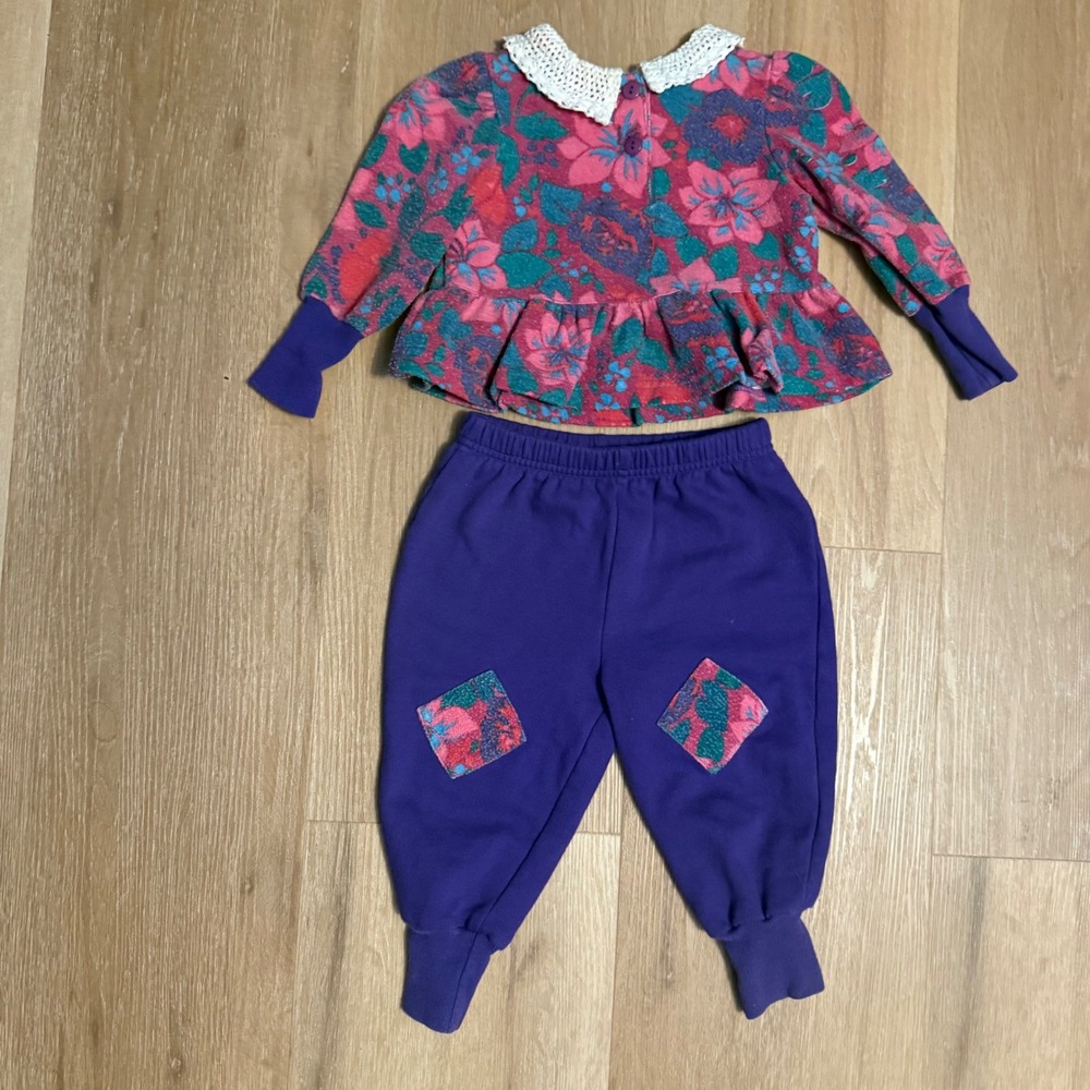 Vintage Jet Set Kids Floral Peplum Top Patchwork Joggers 2 Piece 90s Y2K